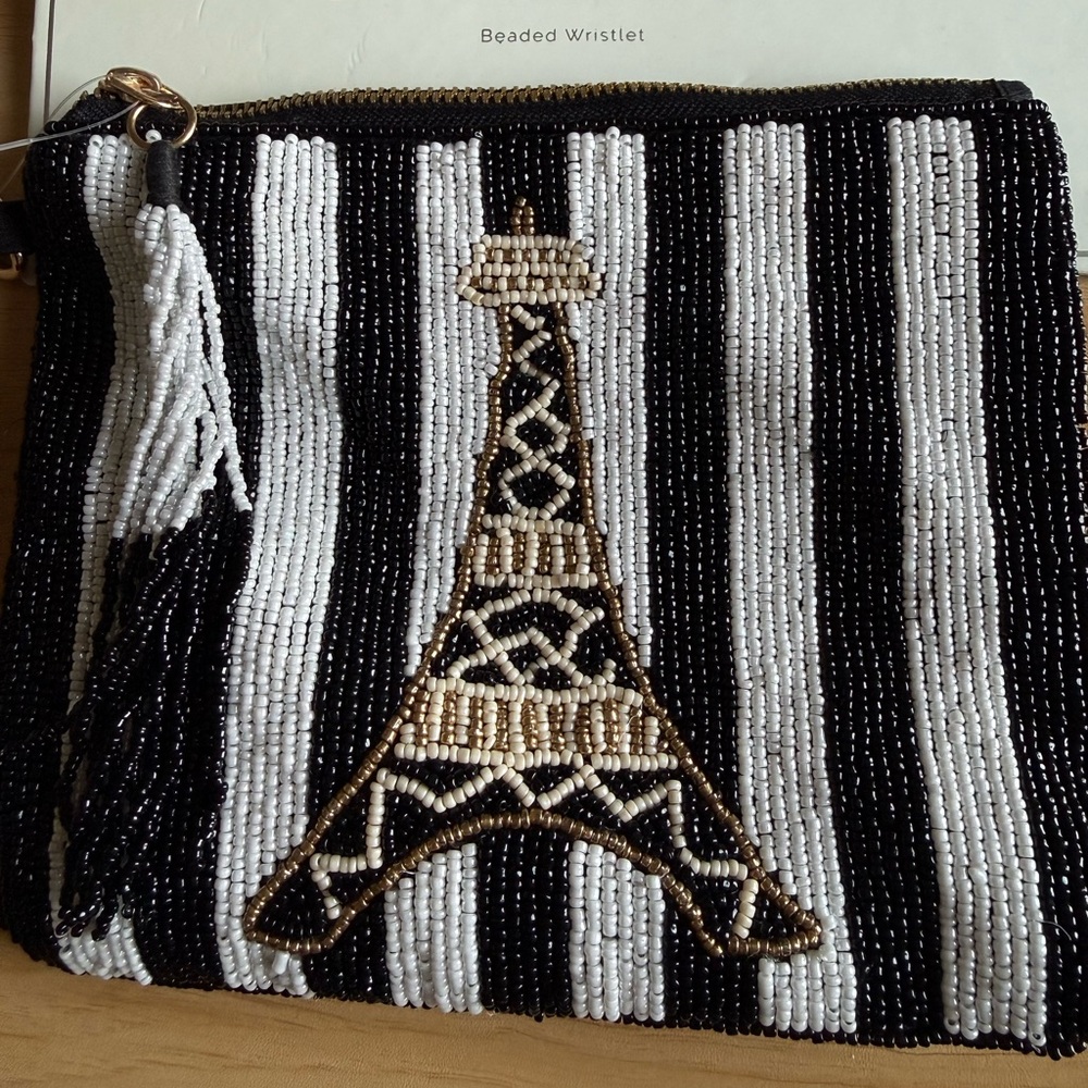 Chic Black and White Beaded Wristlet with Eiffel Tower